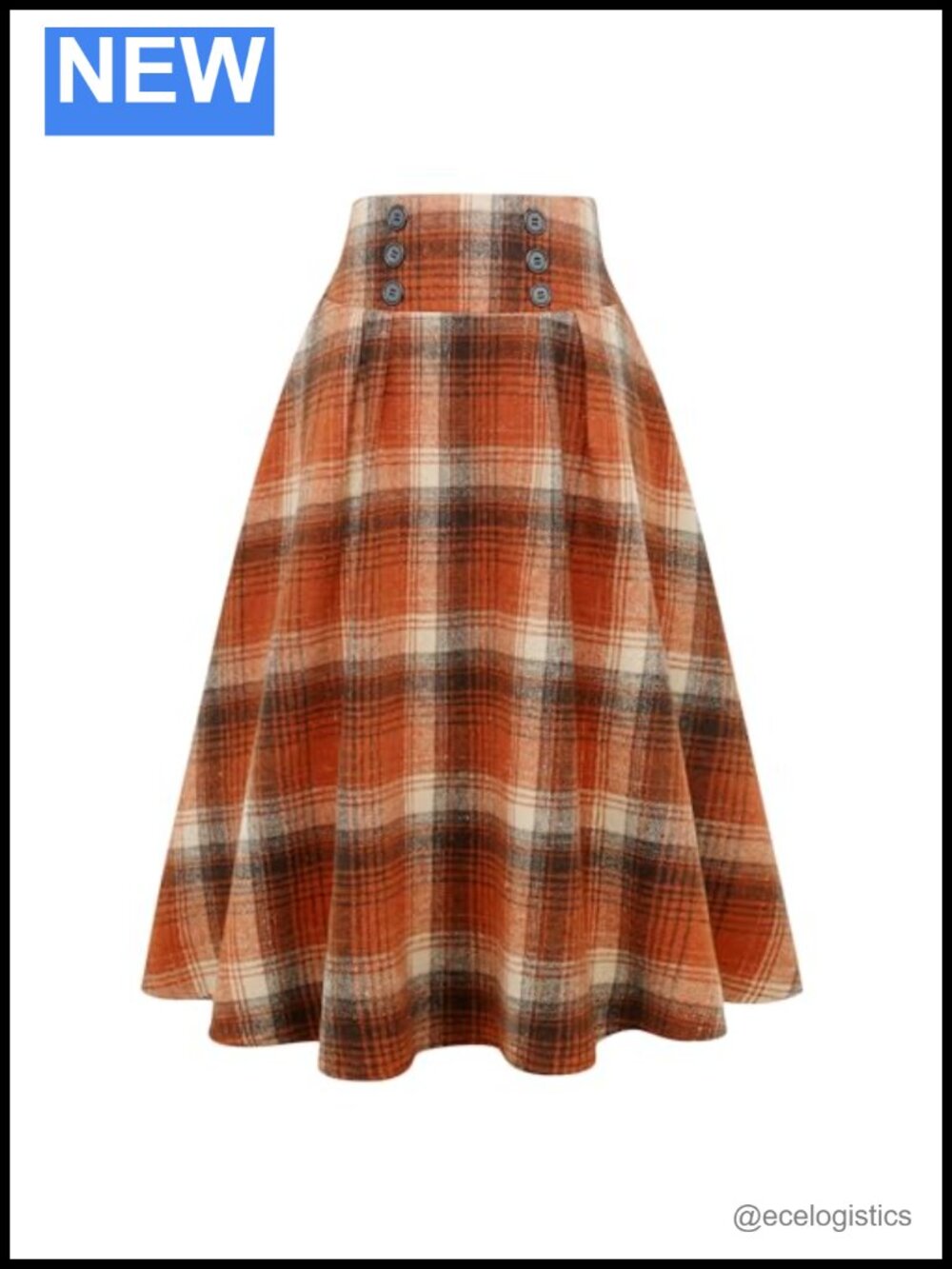 Women's High Waisted Plaid Midi Skirt A-Line Button Wool Blend with Pockets